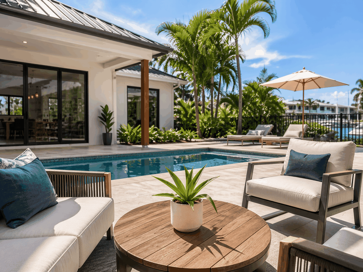 Poolside vacation rental patio in a tropical setting